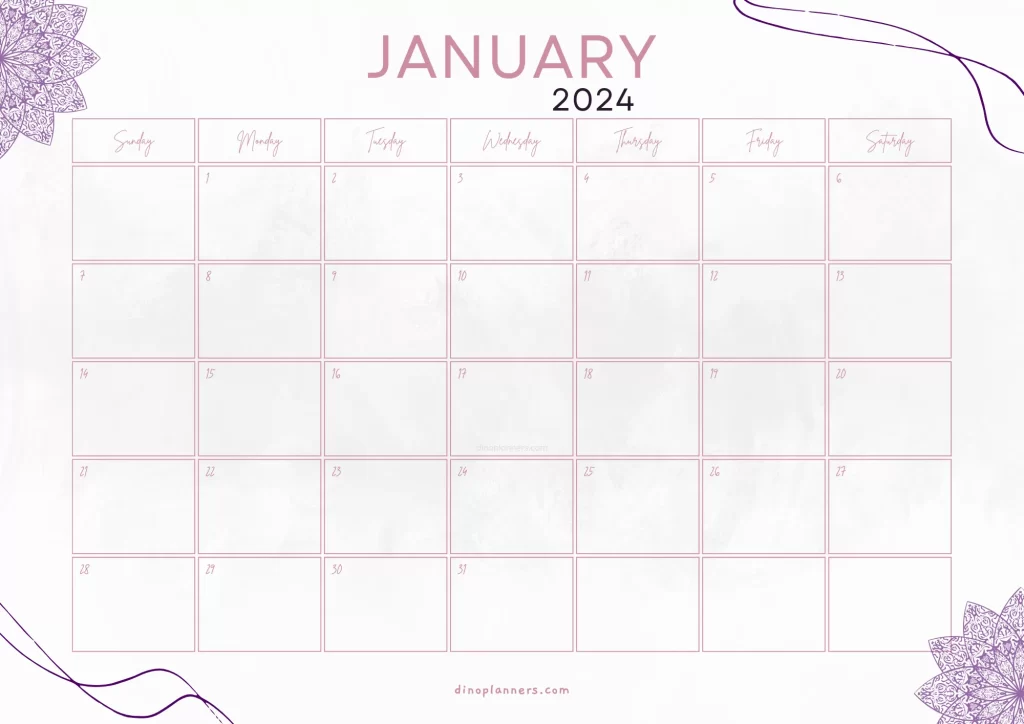 Pink Aesthetic january 2024 calendar