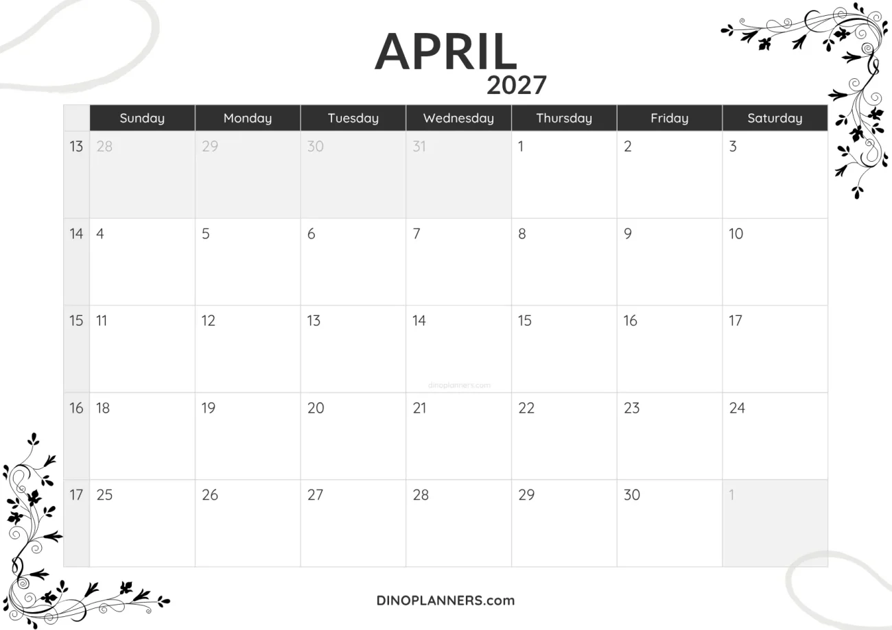 april 2027 calendar printable - minimalist black and white design