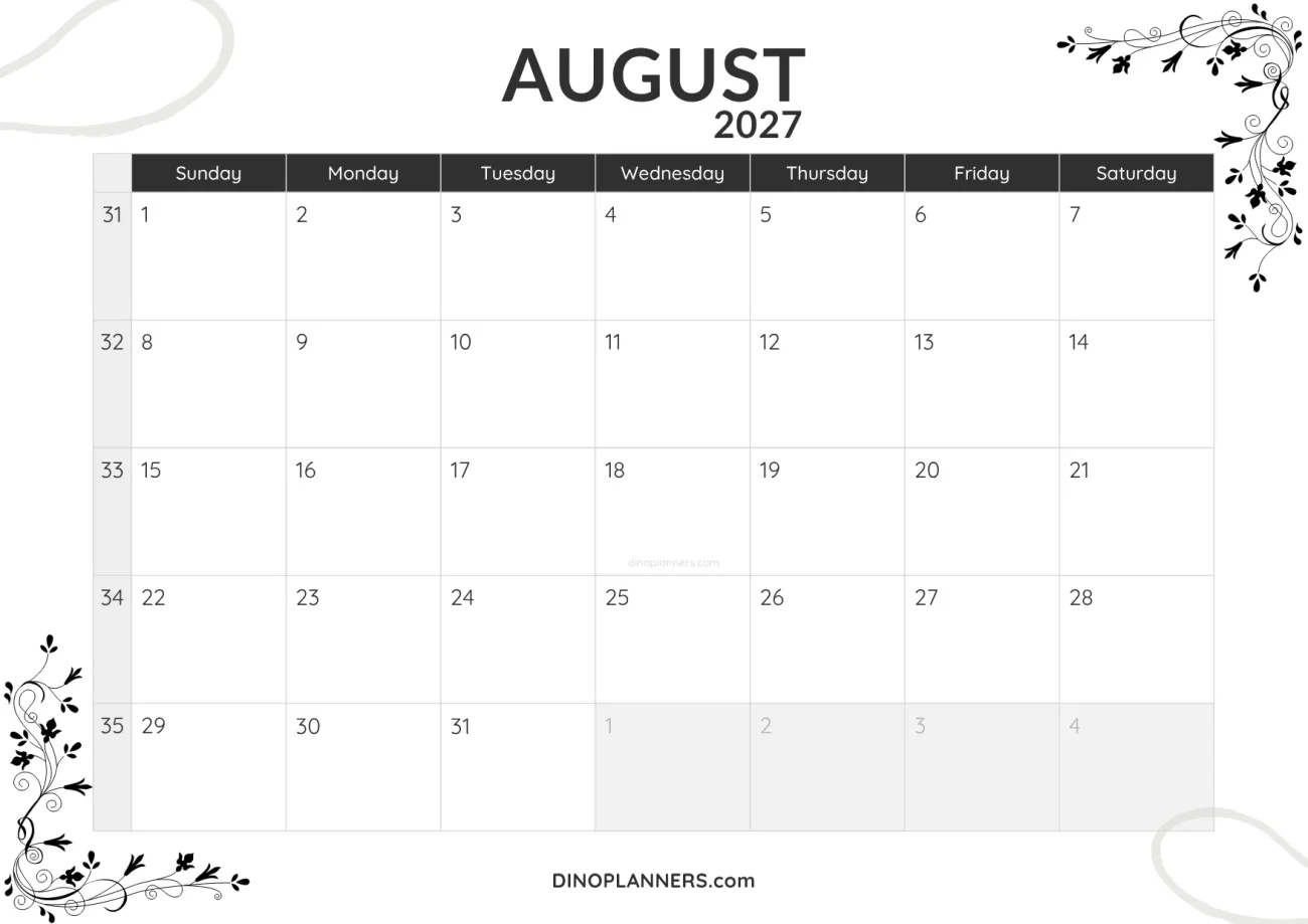 august 2027 calendar printable - minimalist black and white design