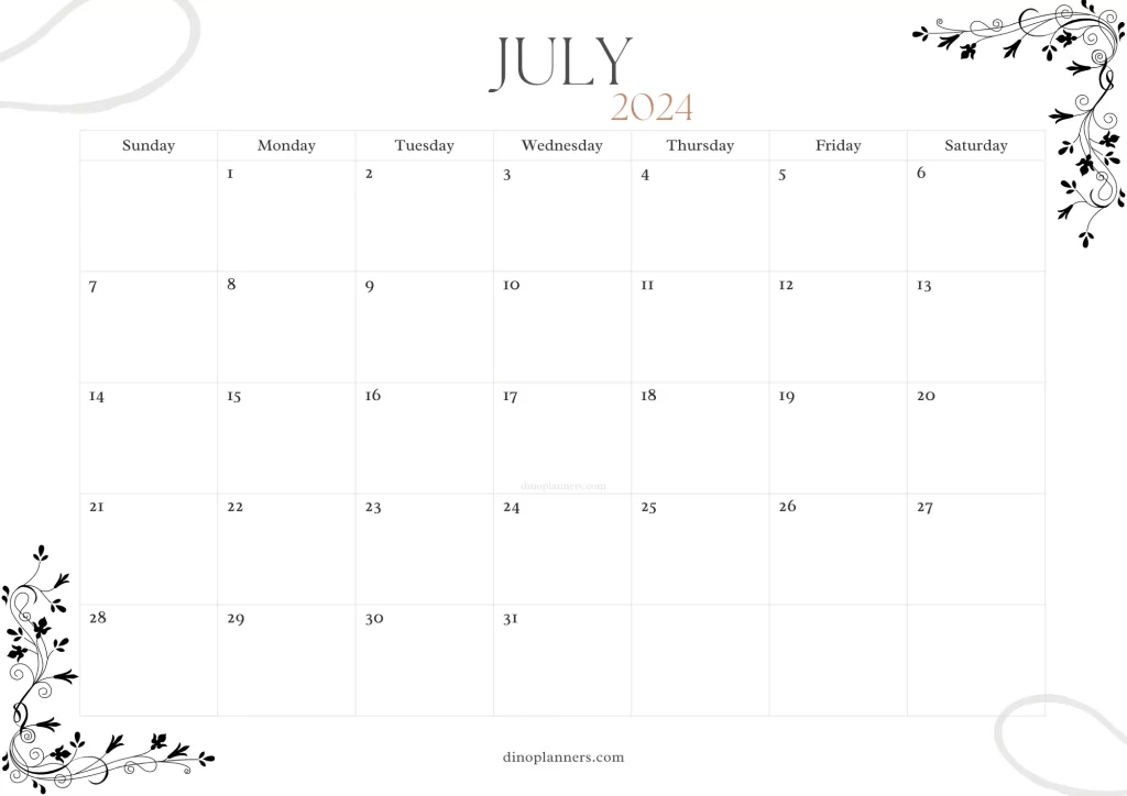 blank july 2024 calendar minimalist