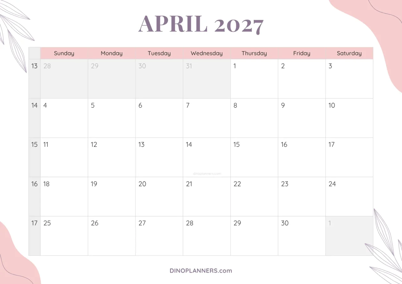 cute printable april 2027 calendar template - floral pink and purple design