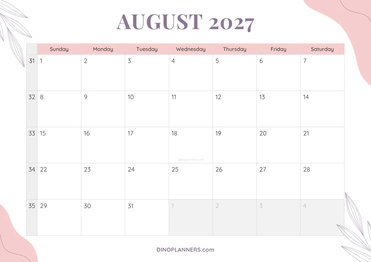 cute printable august 2027 calendar template - floral pink and purple design