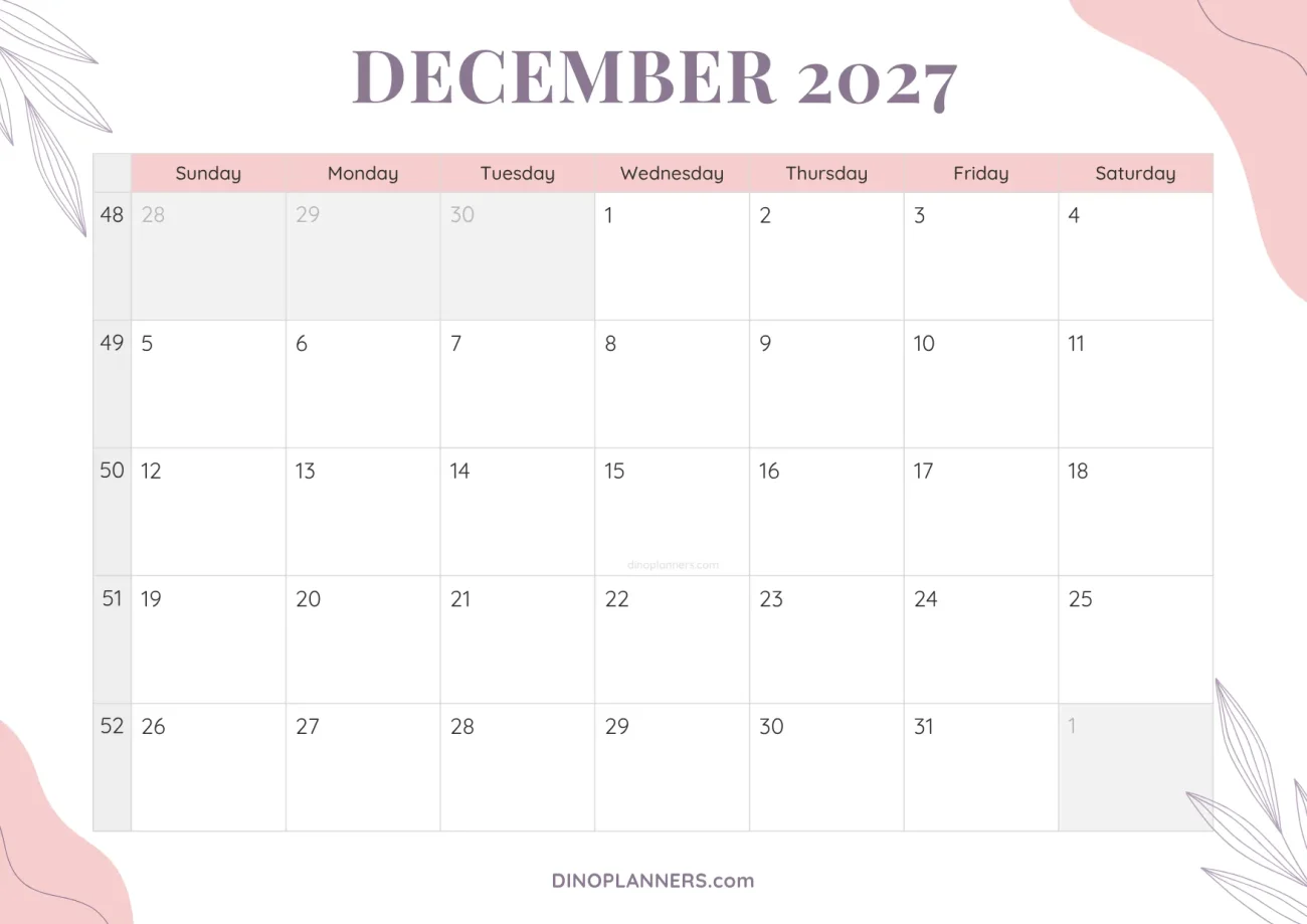 cute printable december 2027 calendar template - floral pink and purple design