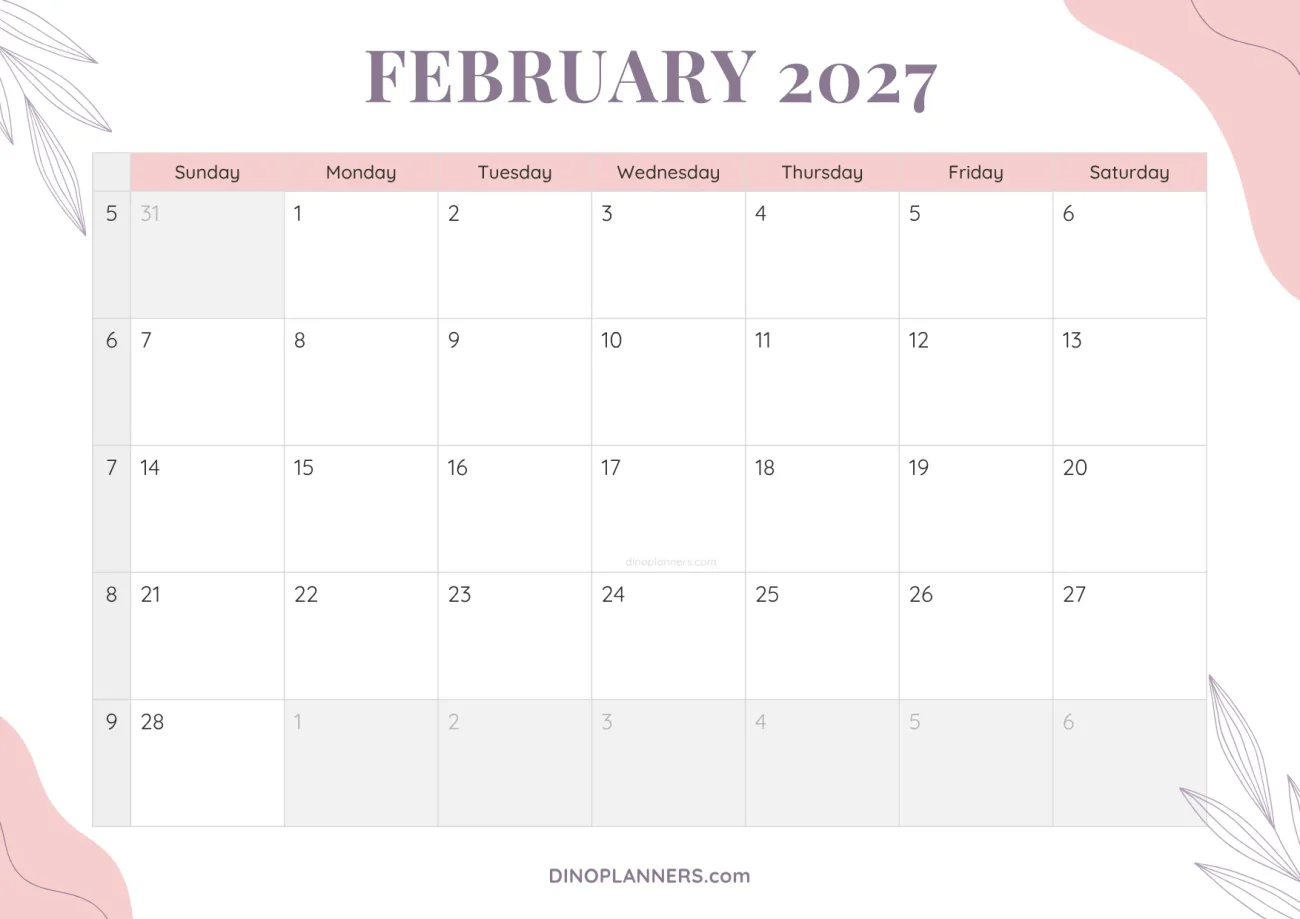 cute printable february 2027 calendar template - floral pink and purple design
