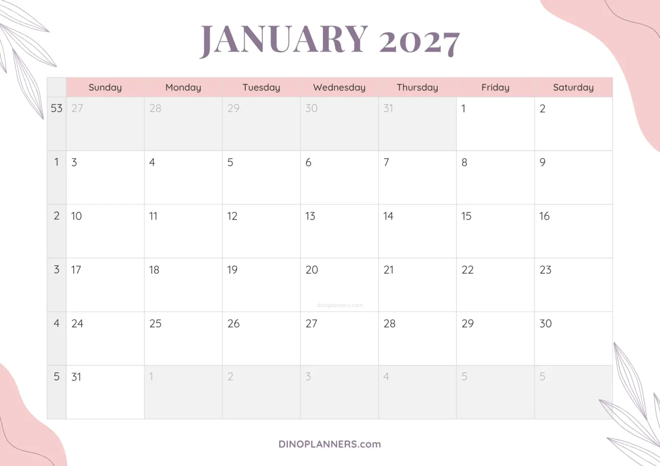cute printable january 2027 calendar template - floral pink and purple design