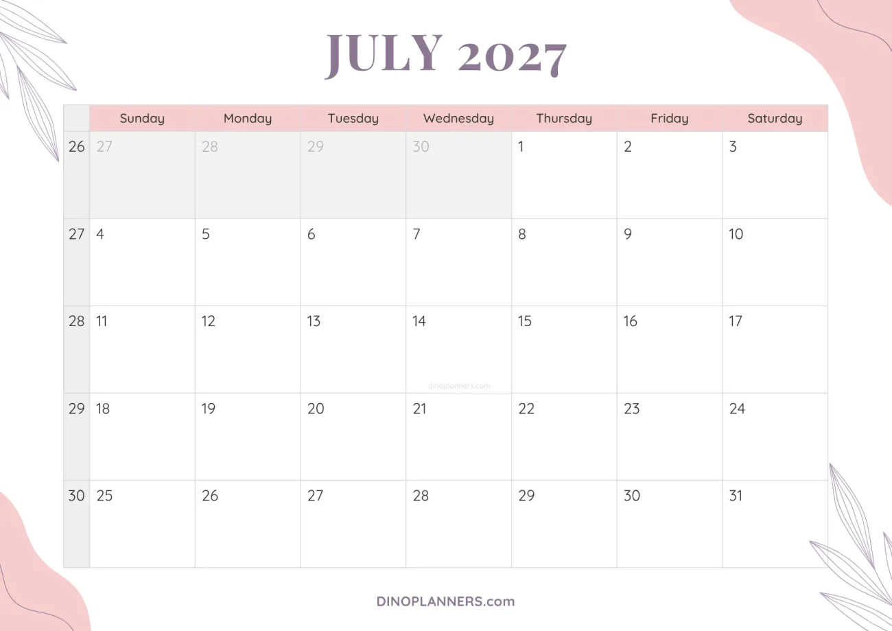 cute printable july 2027 calendar template - floral pink and purple design