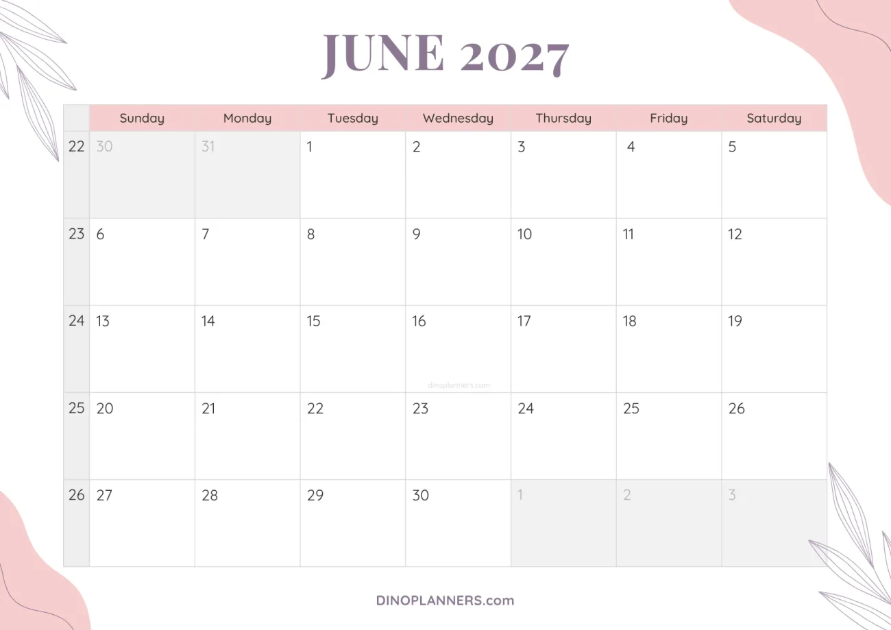 cute printable june 2027 calendar template - floral pink and purple design