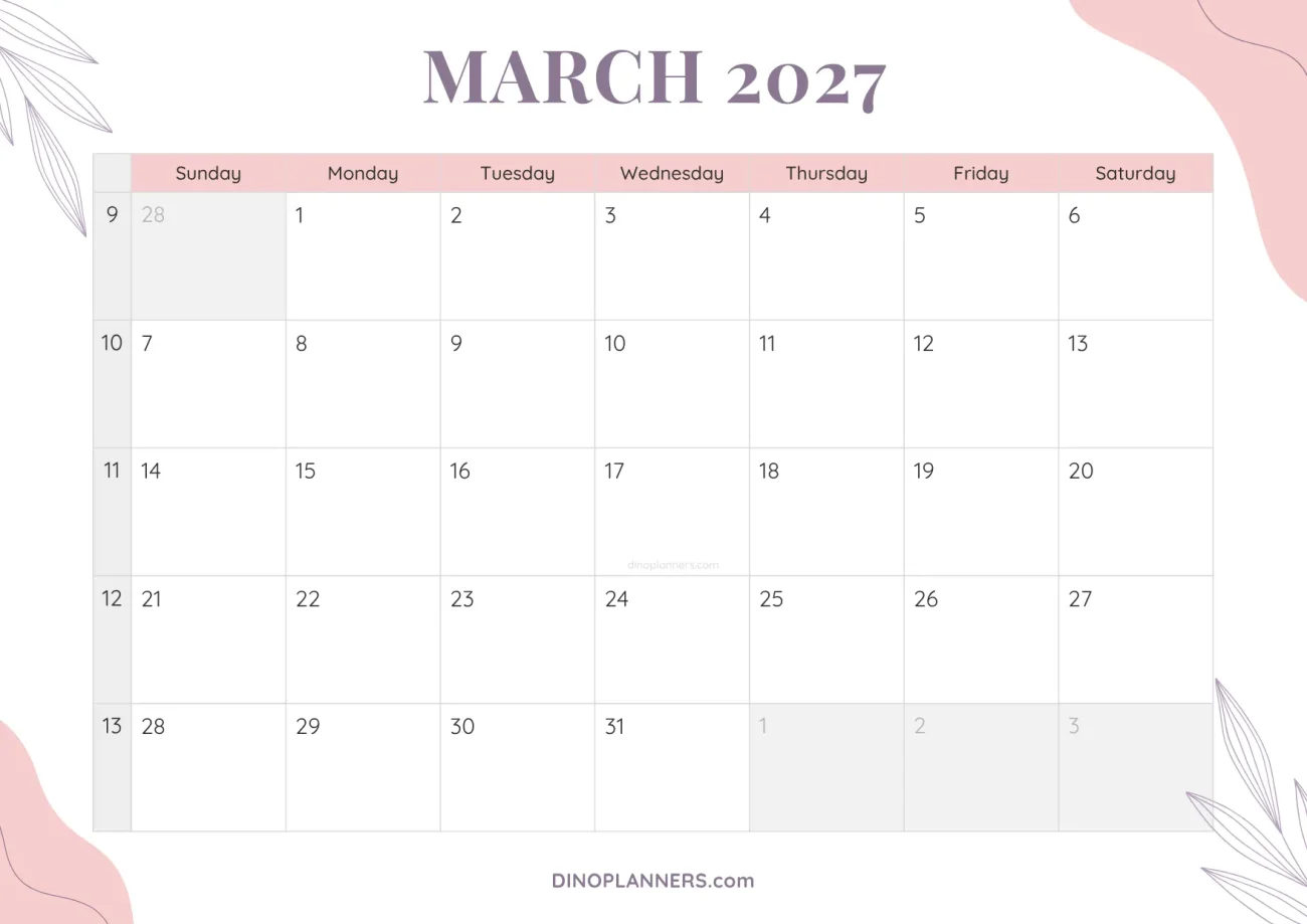 cute printable march 2027 calendar template - floral pink and purple design