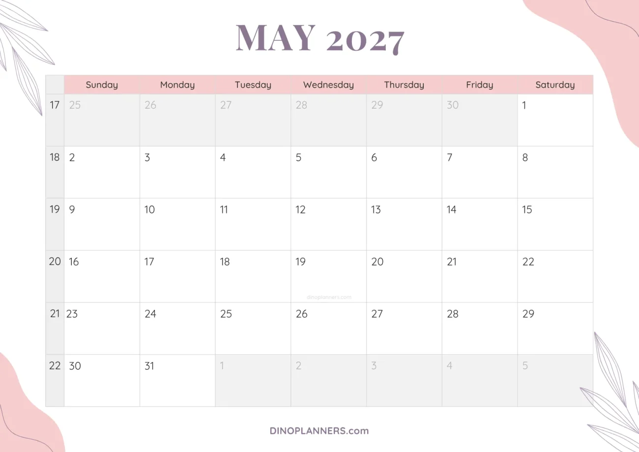 cute printable may 2027 calendar template - floral pink and purple design