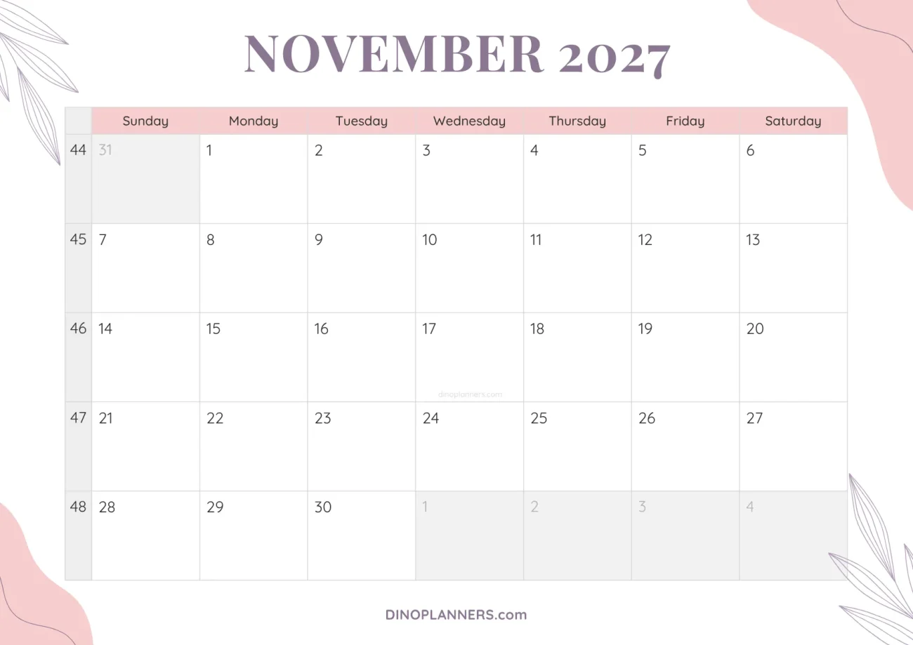 cute printable november 2027 calendar template - floral pink and purple design