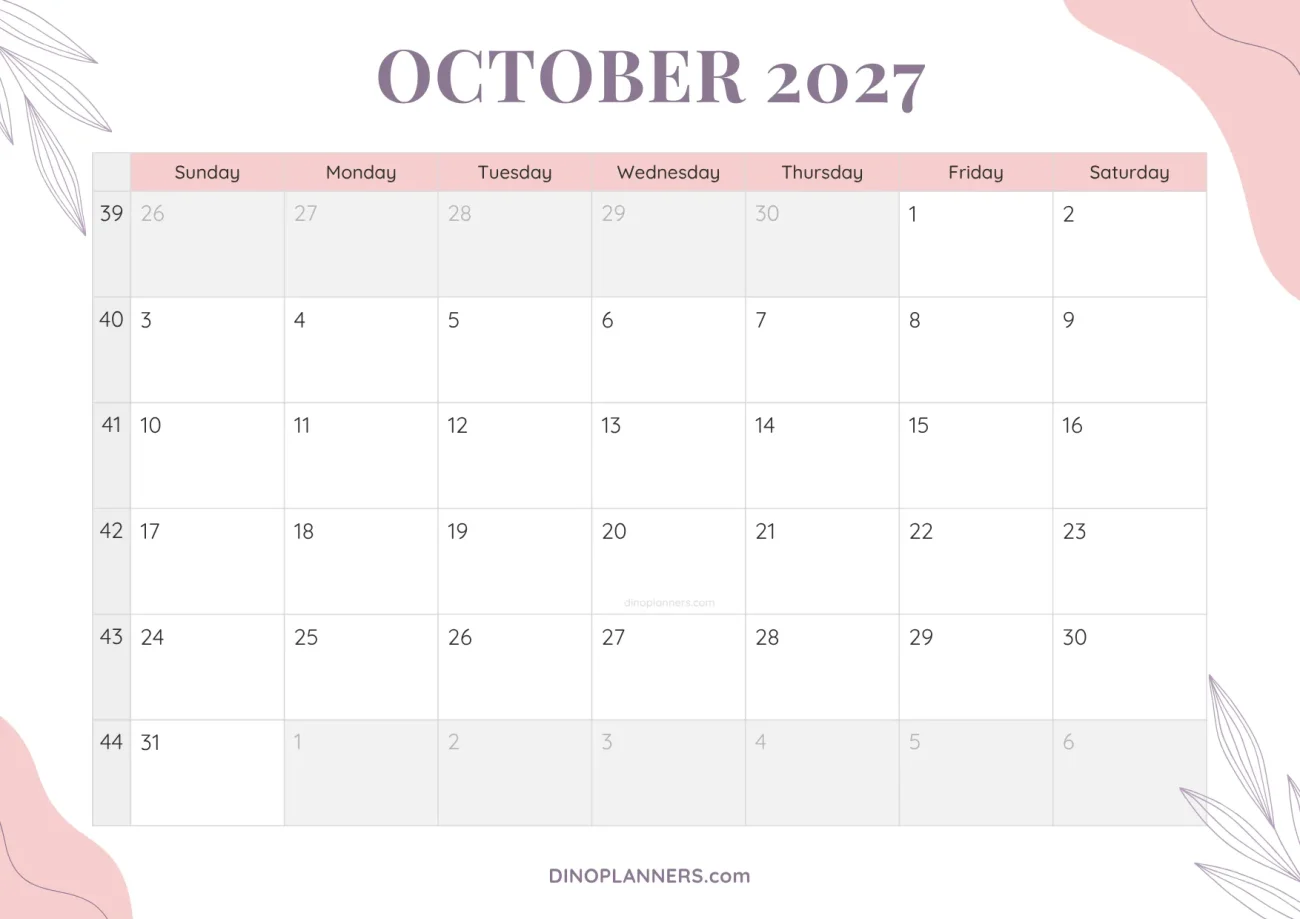 cute printable october 2027 calendar template - floral pink and purple design