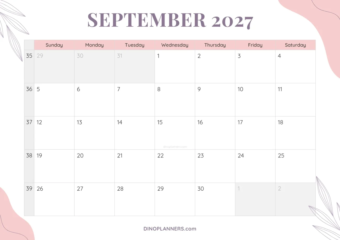 cute printable september 2027 calendar template - floral pink and purple design