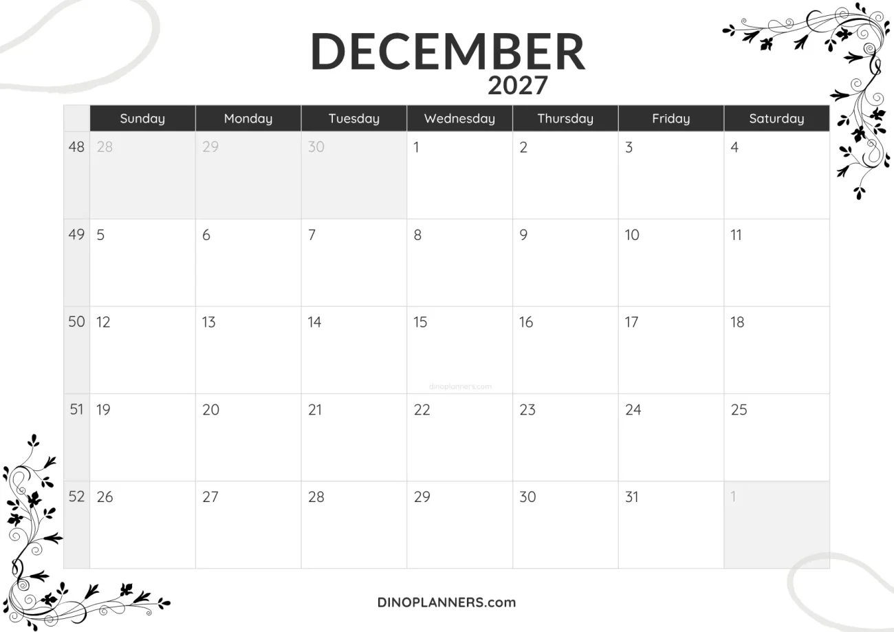 december 2027 calendar printable - minimalist black and white design