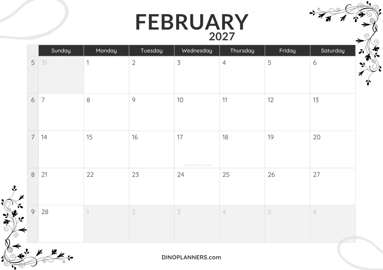 february 2027 calendar printable - minimalist black and white design