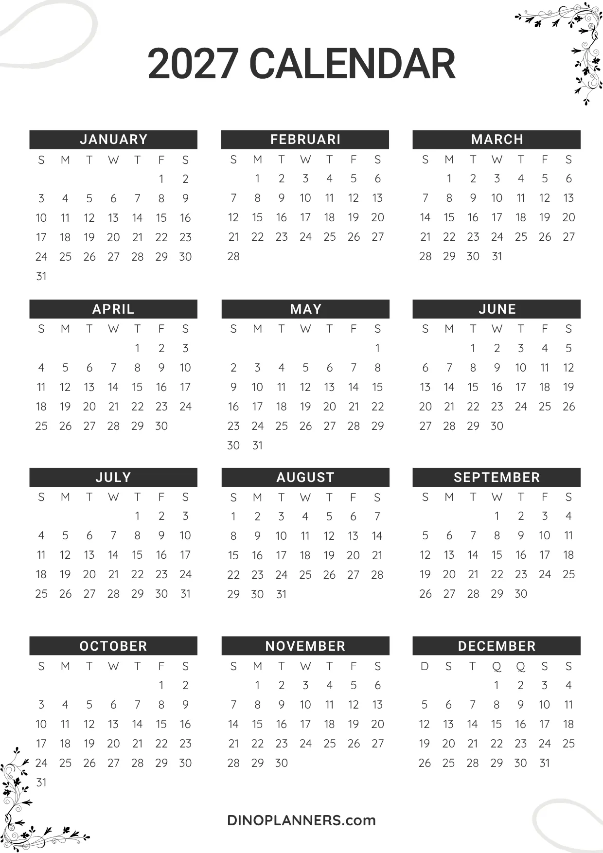 free annual 2027 calendar - minimalist black and white design