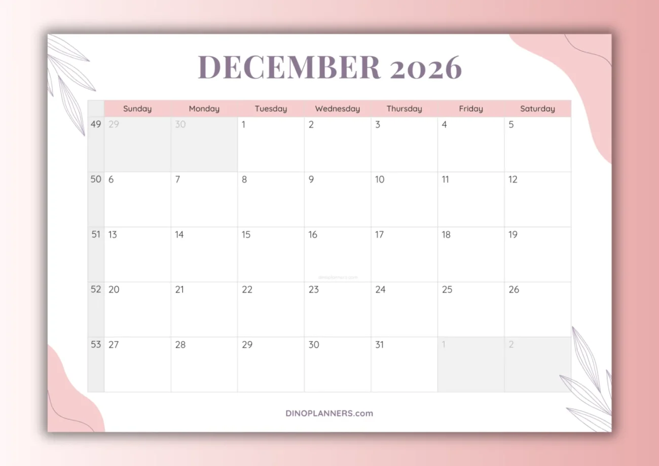 free printable december 2026 calendar - aesthetic design