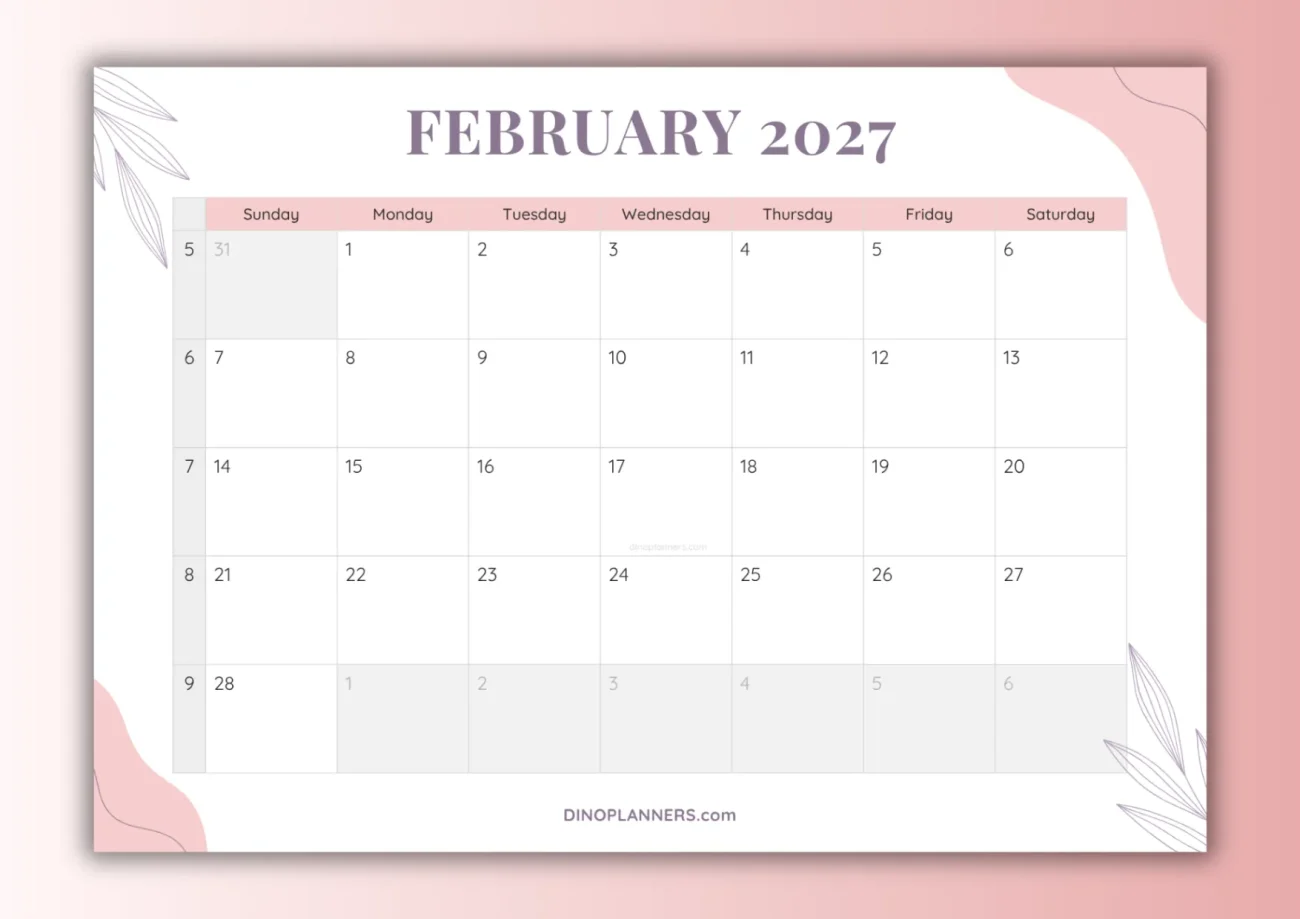 free printable february 2027 calendar - aesthetic design