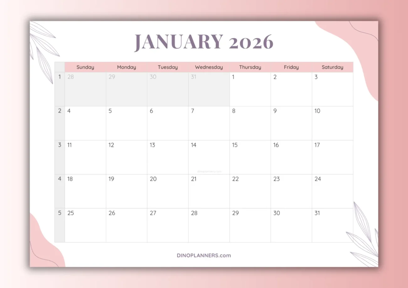 free printable january 2026 calendar - aesthetic design