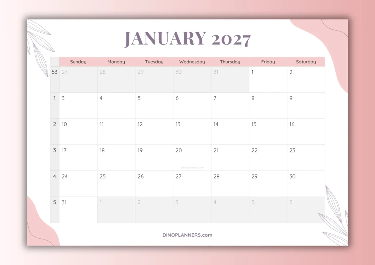free printable january 2027 calendar - aesthetic design