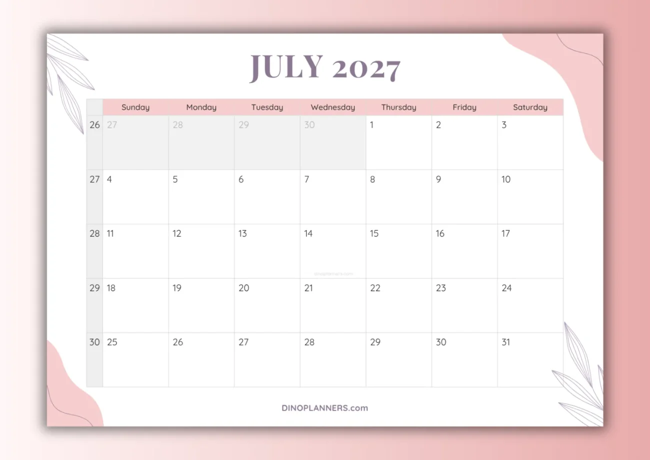 free printable july 2027 calendar - aesthetic design