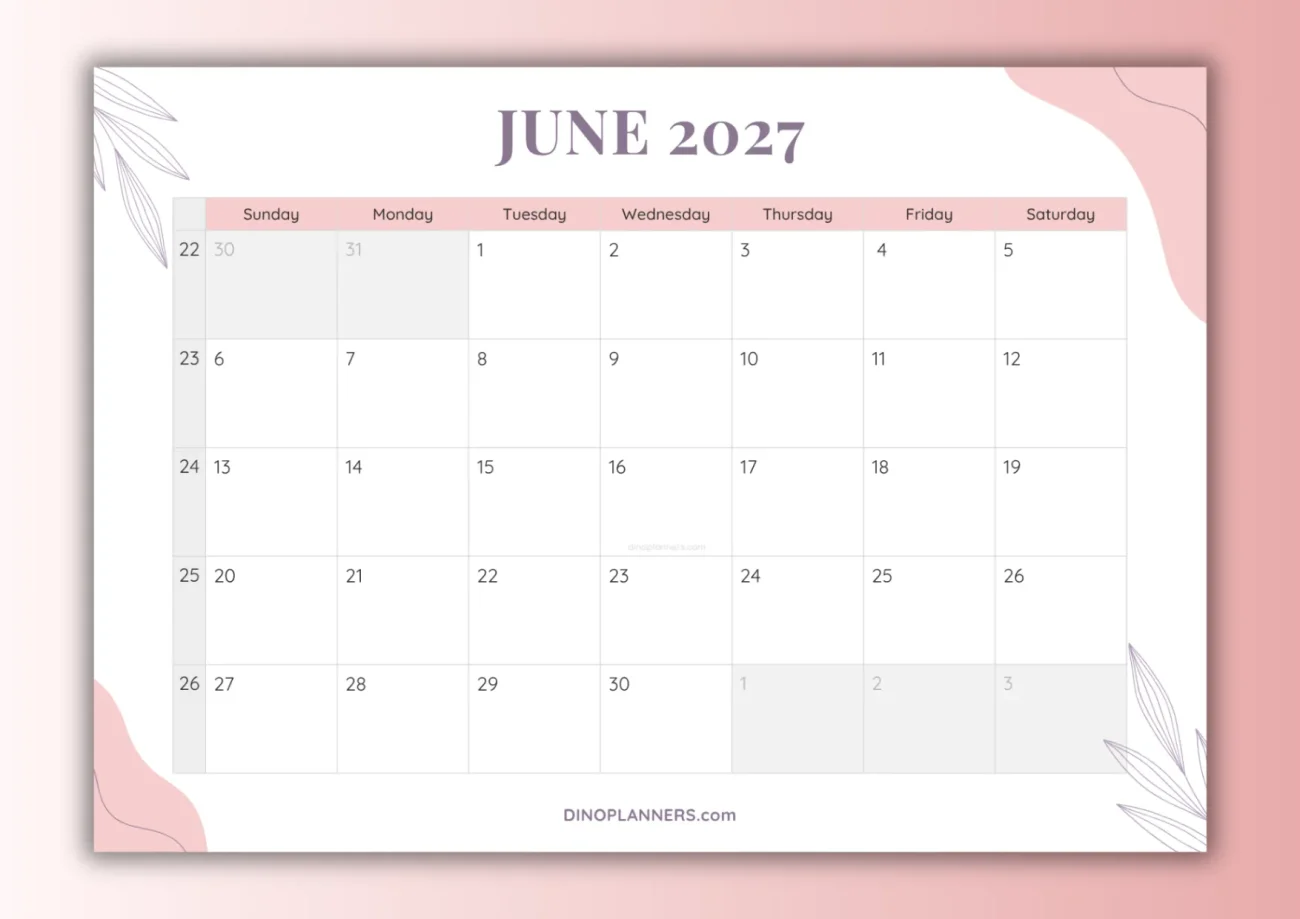 free printable june 2027 calendar - aesthetic design