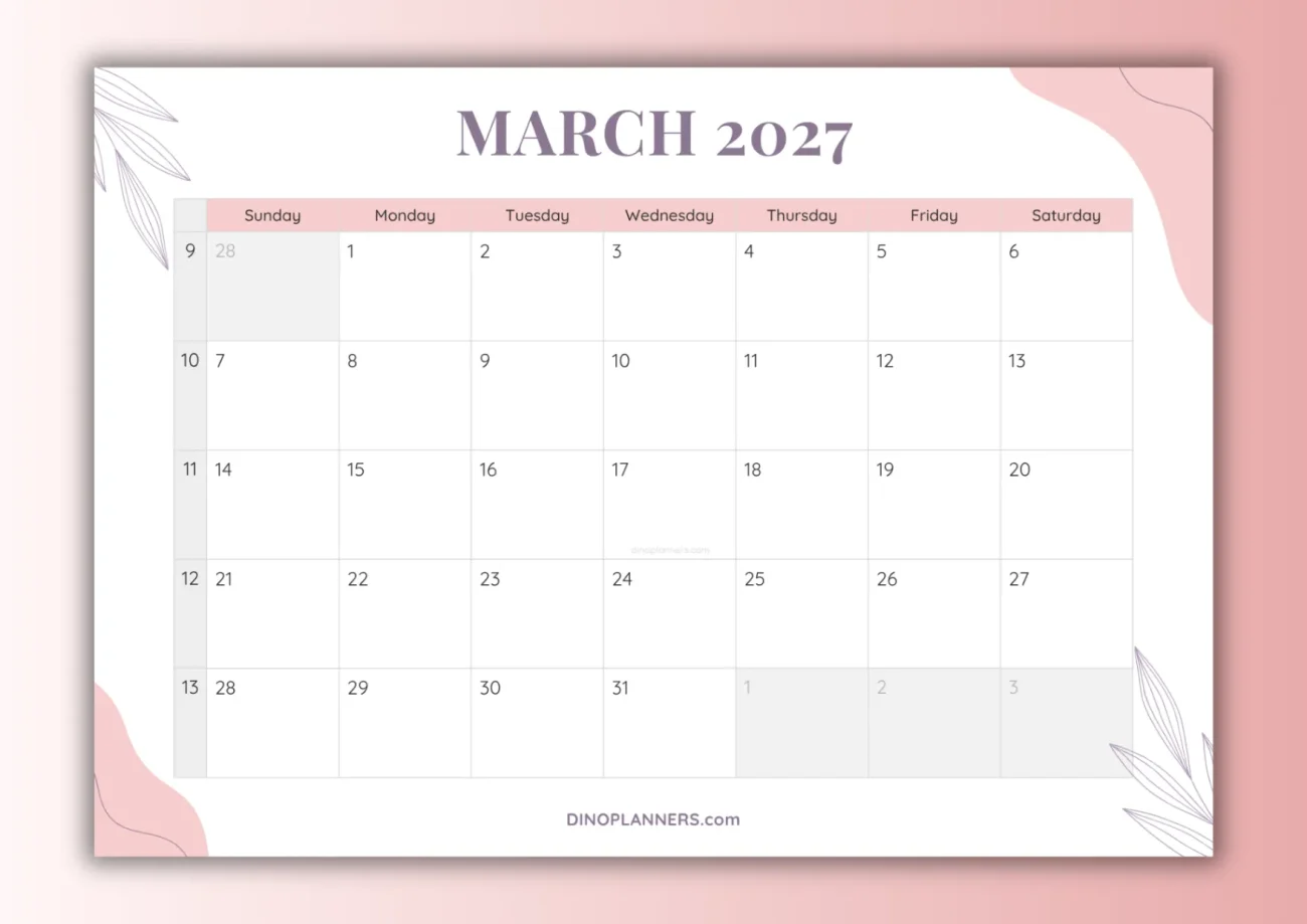 free printable march 2027 calendar - aesthetic design