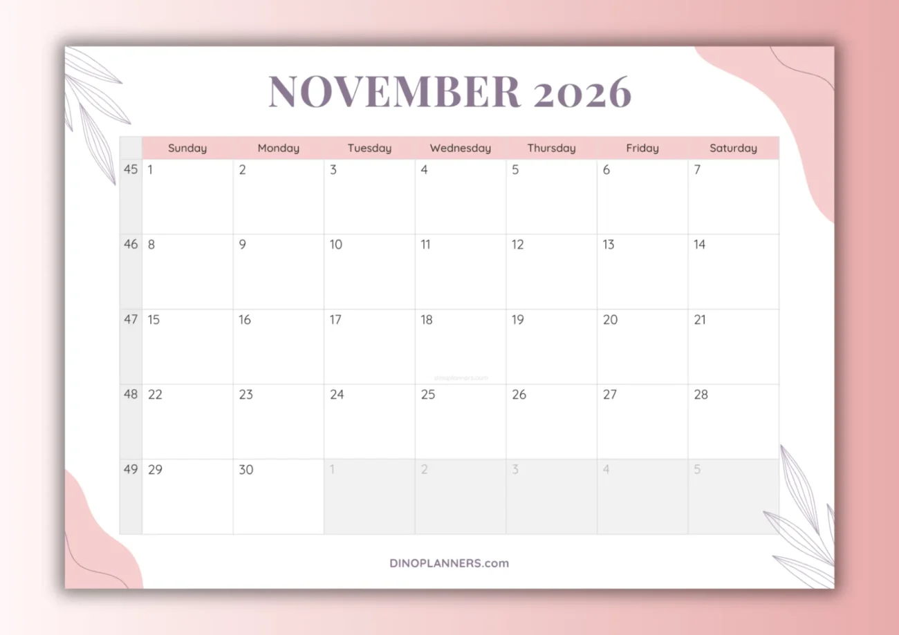 free printable november 2026 calendar - aesthetic design
