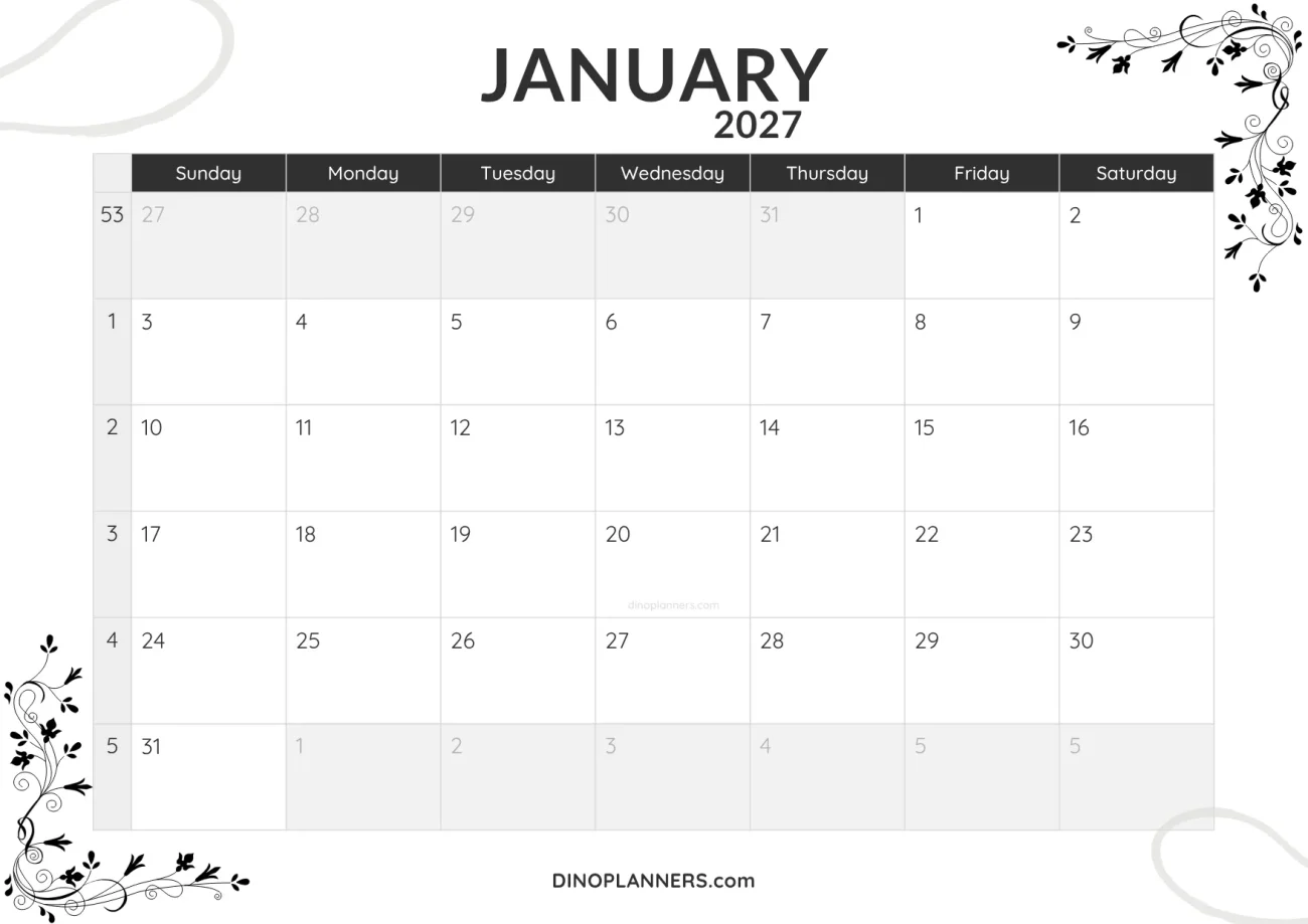 january 2027 calendar printable - minimalist black and white design