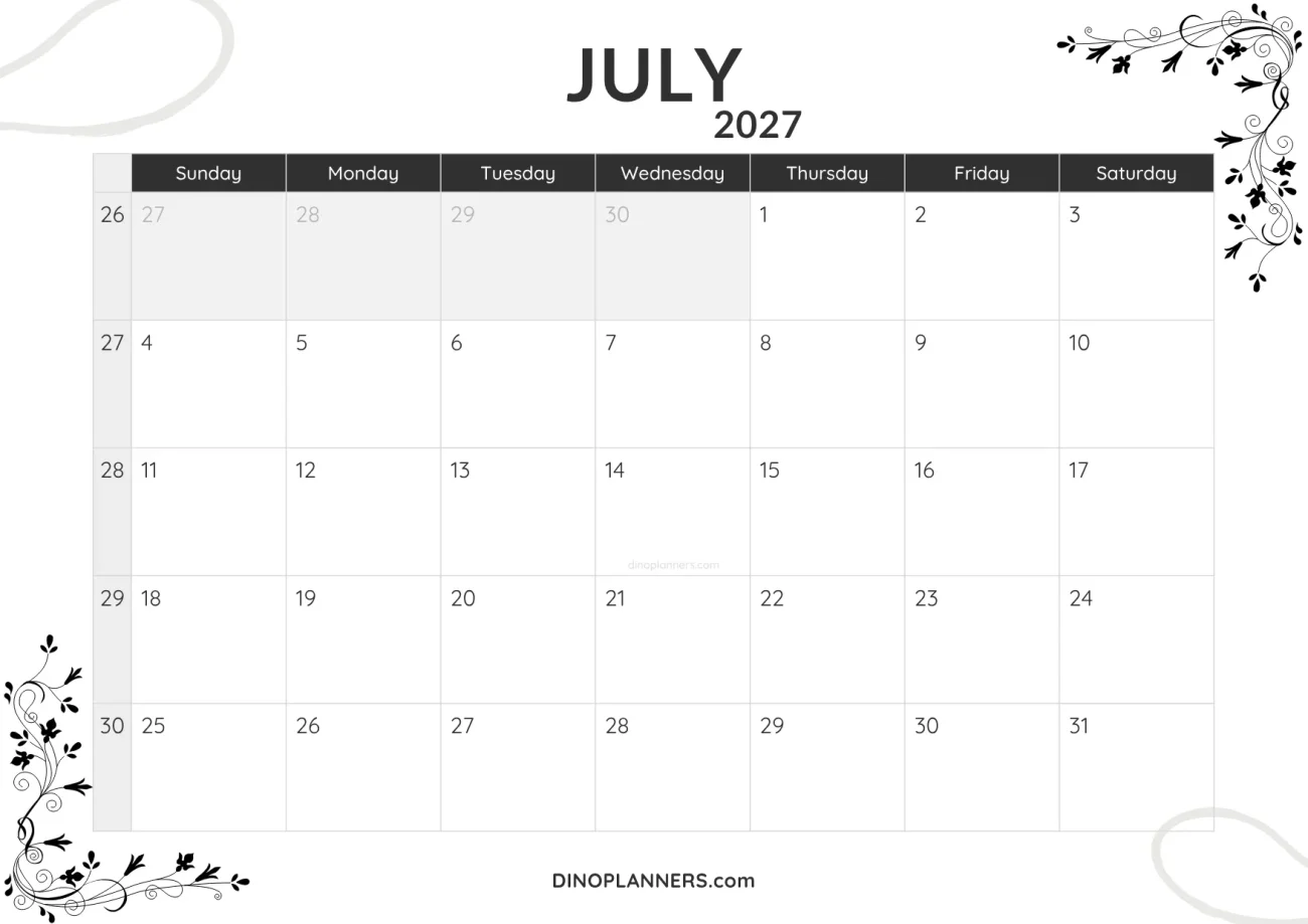 july 2027 calendar printable - minimalist black and white design