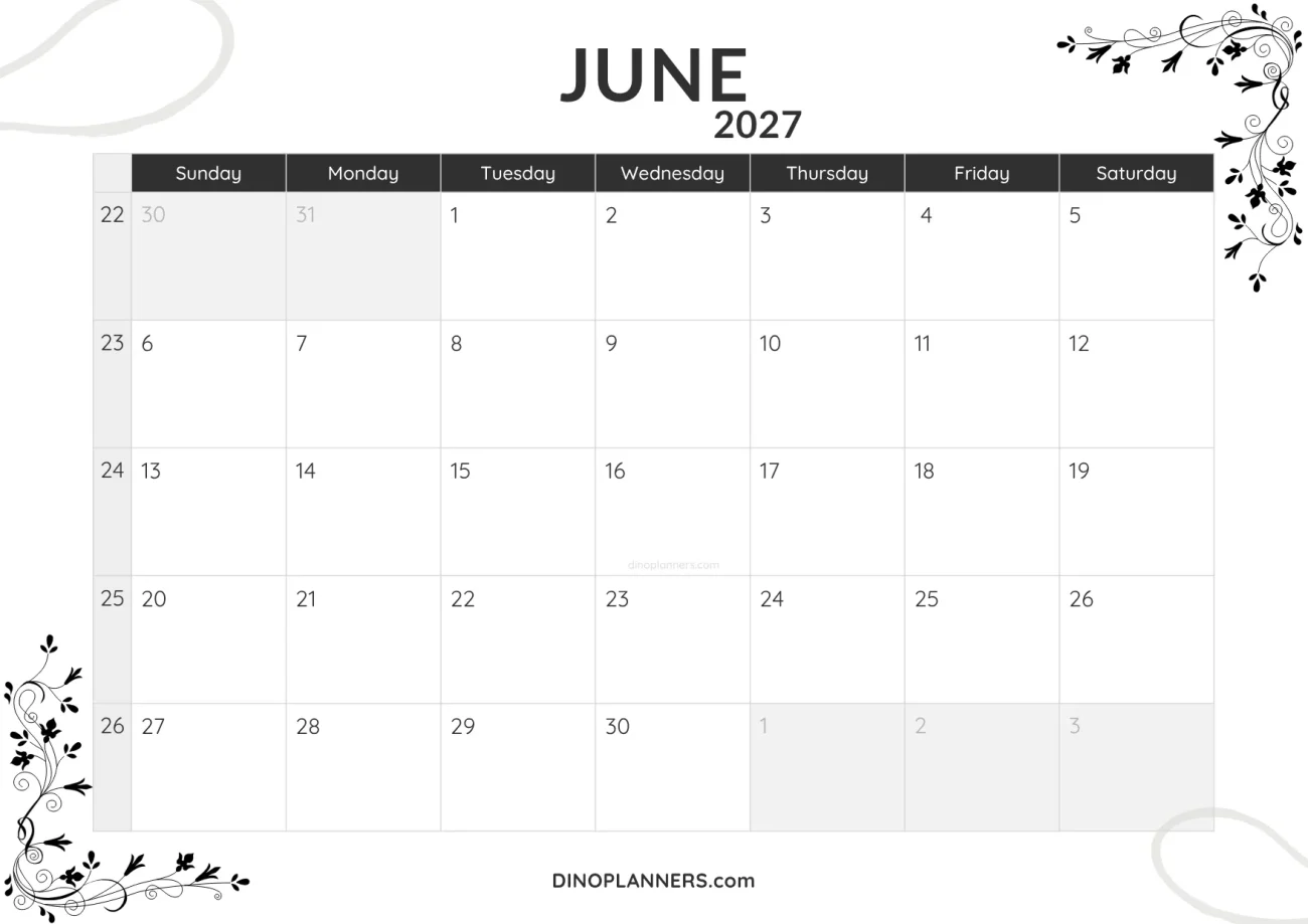 june 2027 calendar printable - minimalist black and white design