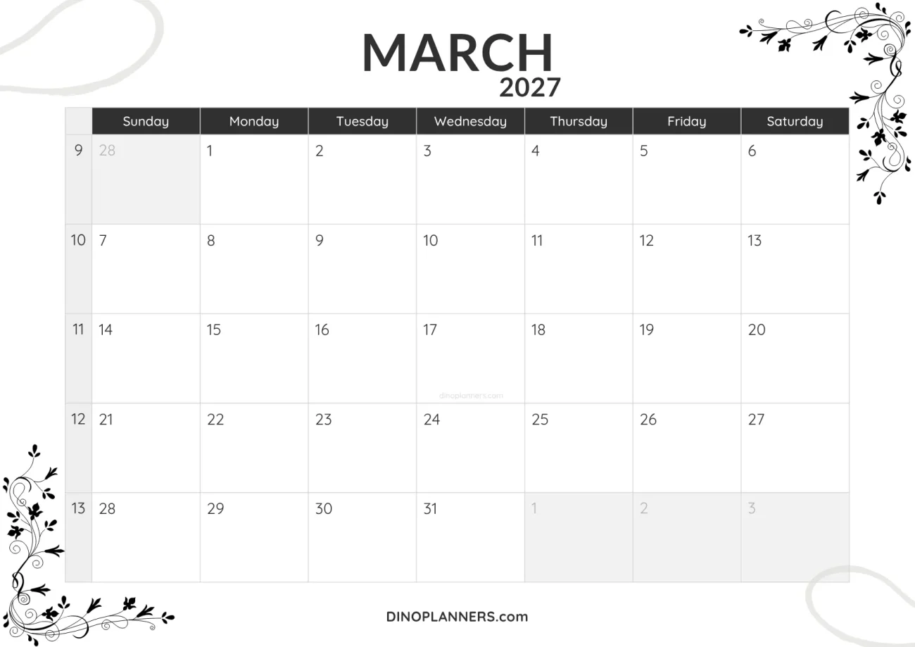 march 2027 calendar printable - minimalist black and white design