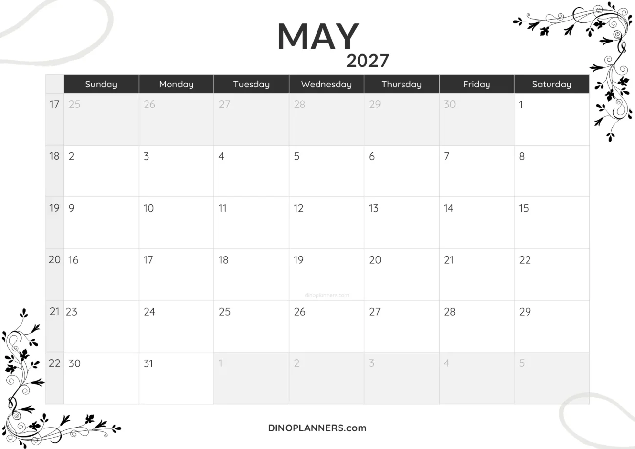 may 2027 calendar printable - minimalist black and white design
