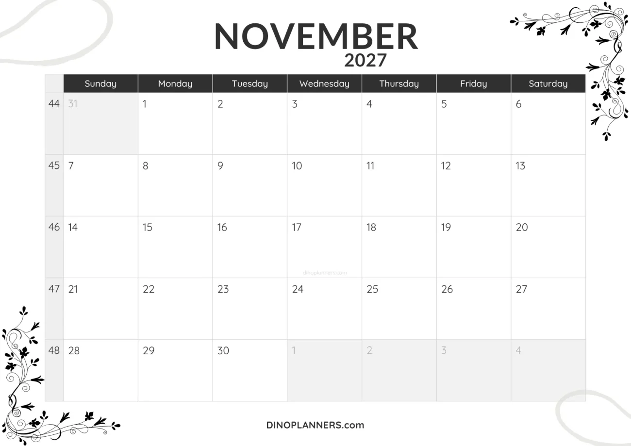 november 2027 calendar printable - minimalist black and white design