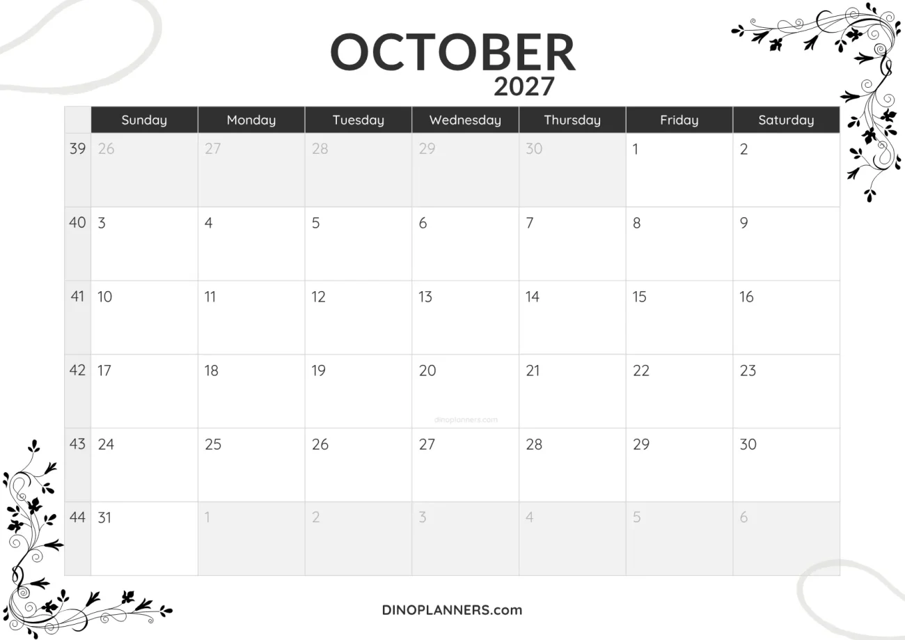 october 2027 calendar printable - minimalist black and white design