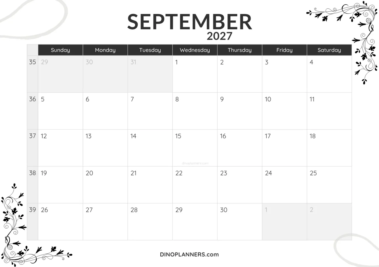 september 2027 calendar printable - minimalist black and white design