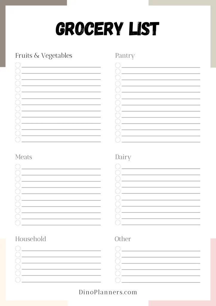 weekly meal planner template with grocery list