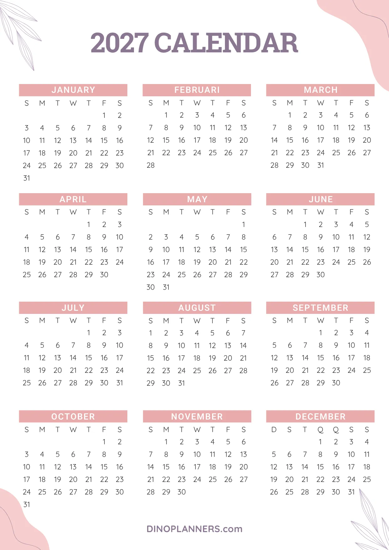 year 2027 calendar printable - floral pink and purple design